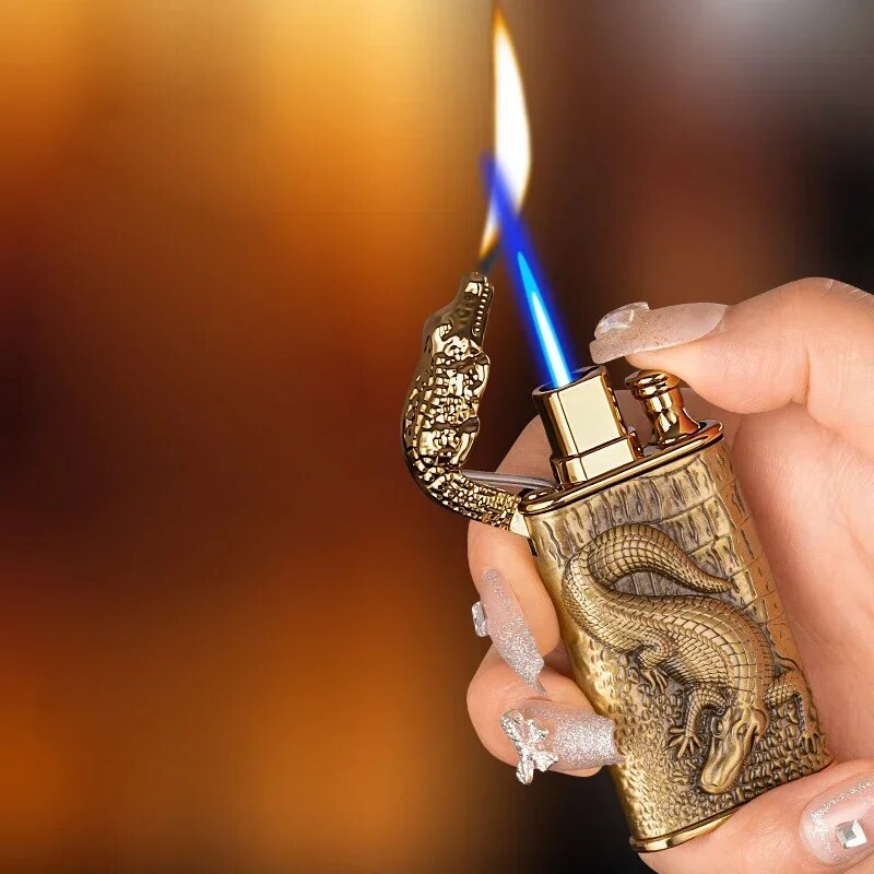 New-3D-Relief-Dragon-Crocodile-Double-Fire-Lighter-Metal-Windproof-Jet-Fire-Open-Fire-Conversion-Gas-1