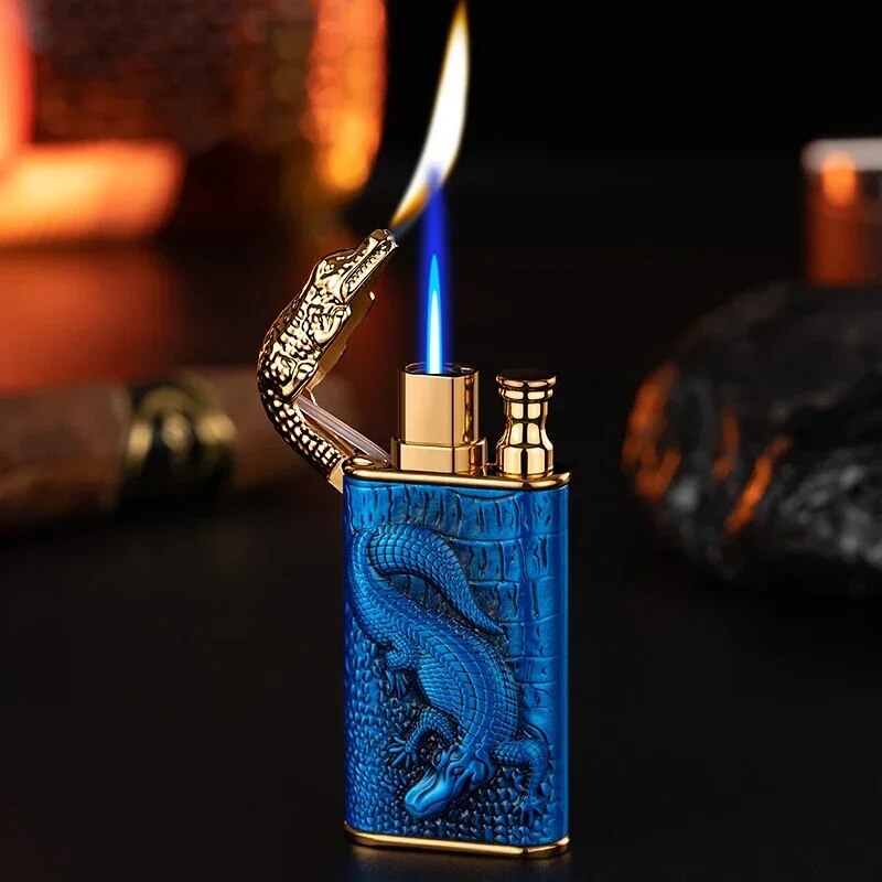 New-3D-Relief-Dragon-Crocodile-Double-Fire-Lighter-Metal-Windproof-Jet-Fire-Open-Fire-Conversion-Gas-3