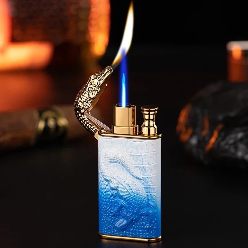New-3D-Relief-Dragon-Crocodile-Double-Fire-Lighter-Metal-Windproof-Jet-Fire-Open-Fire-Conversion-Gas-4
