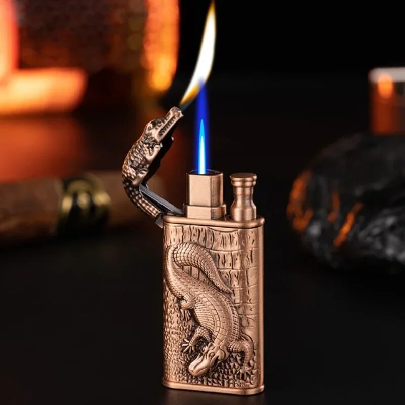 New-3D-Relief-Dragon-Crocodile-Double-Fire-Lighter-Metal-Windproof-Jet-Fire-Open-Fire-Conversion-Gas
